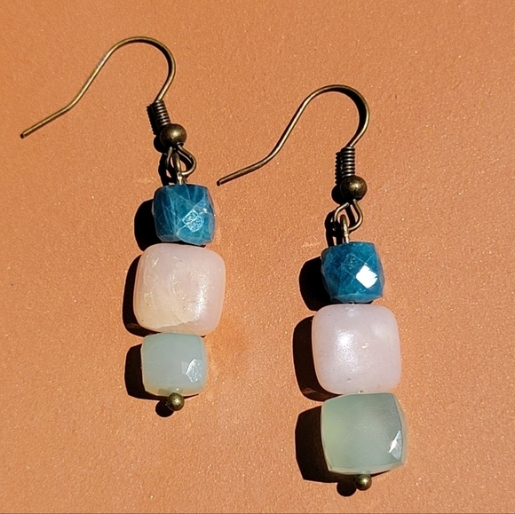Apatite, Rose Quartz, Aqua Chalcedony Bronze Tone Dangle Earrings, handmade - Picture 6 of 7